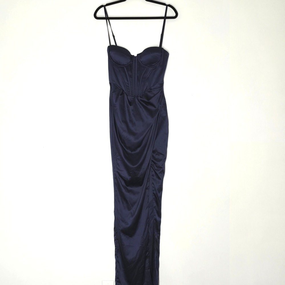 Babyboo Despina Maxi Dress Small Navy Satin Corset Slit Formal Prom Gown NWT